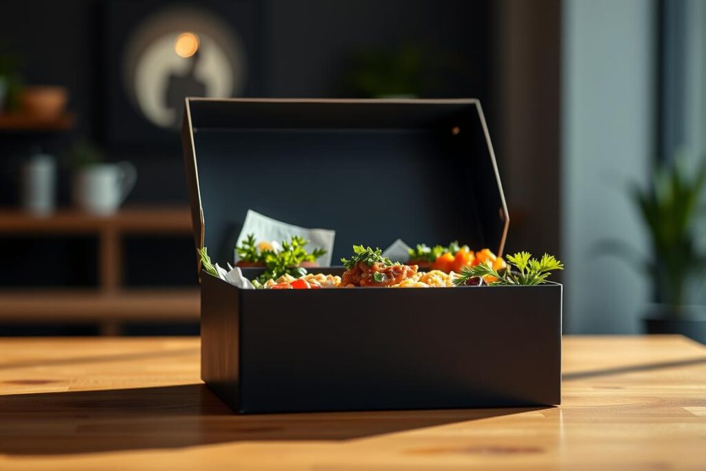 A beautifully lit, high-quality photograph of a sleek and modern meal box showcasing a selection of chef-prepared keto meals from Factor 75. The box is positioned in the foreground, capturing the clean, minimal design with a matte black exterior. The meals inside are visible through a clear window, displaying their vibrant colors and fresh ingredients. The background is blurred, creating a sense of depth and focusing the viewer's attention on the meal box. The lighting is soft and natural, casting gentle shadows and highlighting the textures of the food. The overall mood is one of luxury, freshness, and health-conscious indulgence, reflecting the high-end keto meal delivery service offered by Factor 75 in Los Angeles.