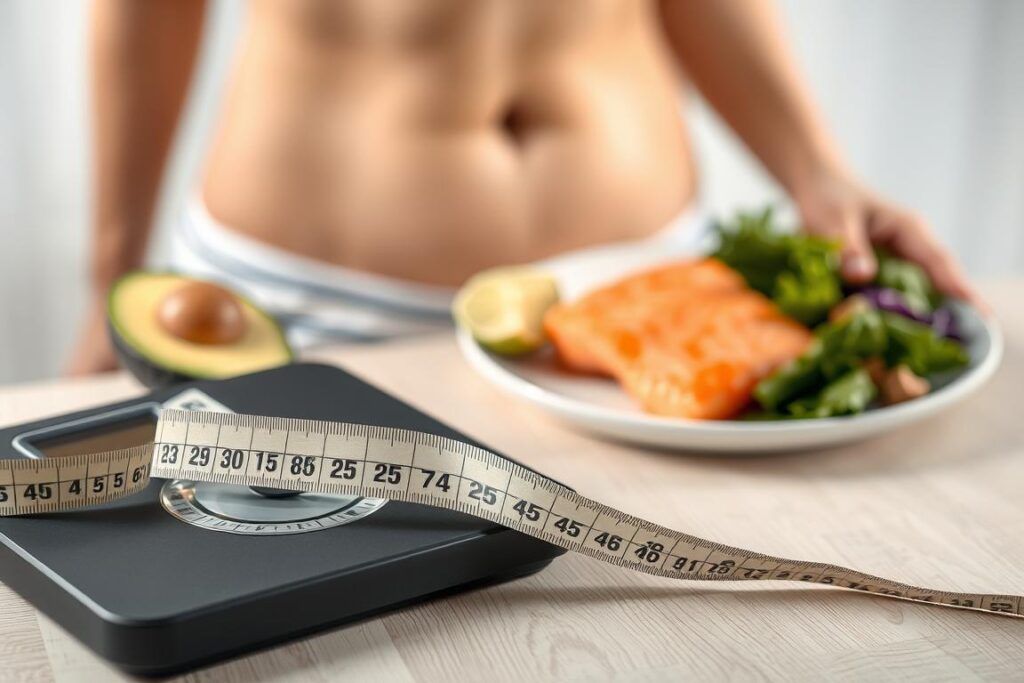 A close-up view of a keto diet weight loss composition, shot in soft, natural lighting. In the foreground, a measuring tape and a digital scale convey the tangible progress of weight loss. The middle ground features a plate with a low-carb, high-fat meal, including avocado, salmon, and leafy greens. In the background, a blurred image of a person's lower body, showcasing slimmer silhouette and toned physique. The overall mood is one of health, transformation, and the realistic potential of the keto diet to help shed pounds in a sustainable manner.