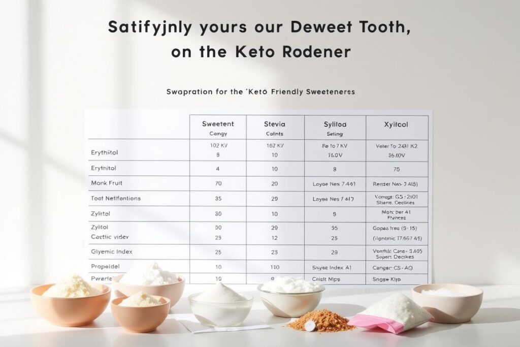 A comparison chart of keto-friendly sweeteners set against a clean, minimalist background. In the foreground, a variety of sweeteners such as erythritol, monk fruit, stevia, and xylitol are neatly arranged in small bowls or sachets. The middle ground features a simple grid or table layout to clearly illustrate the nutritional information, glycemic index, and other key properties of each sweetener. Soft, natural lighting casts gentle shadows, creating a warm, inviting atmosphere. The overall design is sleek and modern, allowing the information to be conveyed in an organized, easy-to-digest manner, reflecting the "Satisfying Your Sweet Tooth on the Keto Diet" theme.