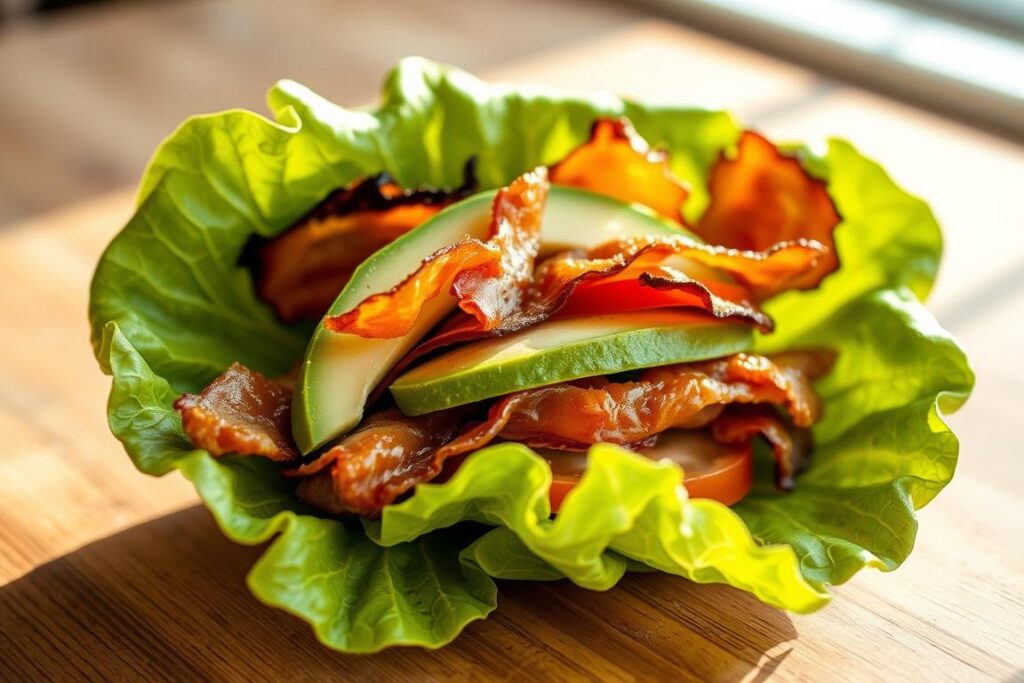 A crisp, fresh lettuce wrap filled with a savory keto-friendly BLT: crunchy bacon, juicy tomatoes, and creamy avocado, all nestled in a large green lettuce leaf. The scene is lit by natural light, casting a warm, golden glow that highlights the vibrant colors and textures of the ingredients. The image is captured from a slightly elevated angle, showcasing the elegant composition and the satisfying layers of this quick, low-carb lunch option.