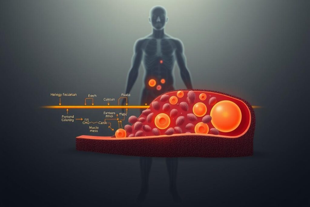 A cross-section of the human metabolic system, depicting the "keto plateau" phenomenon. In the foreground, a metabolic pathway illustrates the cellular adaptations that occur during prolonged ketosis, with key biochemical processes highlighted. The middle ground showcases an array of mitochondria, the powerhouses of the cells, working to maintain energy production despite the plateau. In the background, a hazy, anatomical silhouette represents the whole-body response to the metabolic shifts, with areas of fat storage and muscle mass highlighted. Rendered in muted, scientific tones with subtle lighting to convey the complexities of the keto plateau, this image aims to visually explain the adaptive mechanisms at play.