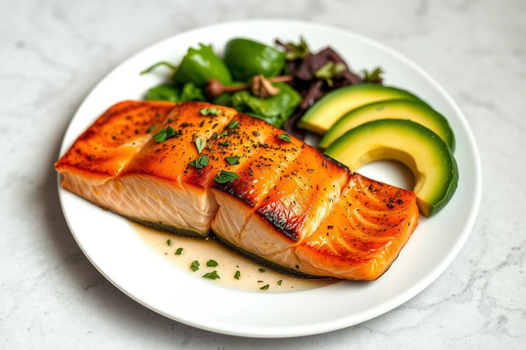 A delectable keto-friendly lunch featuring a beautifully arranged plate of fresh salmon filet, ripe avocado slices, and a sprinkle of aromatic herbs. The salmon has a perfectly seared exterior with a succulent, flaky interior, glistening under the soft, natural lighting. The avocado slices are arranged artfully, their rich, creamy texture complementing the savory salmon. The plate is set against a minimalist, neutral-toned background, allowing the vibrant colors of the dish to take center stage. The composition is carefully balanced, creating a visually appealing and appetizing scene that perfectly captures the essence of a quick, healthy keto lunch.