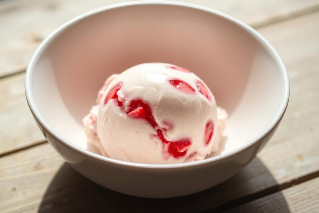 A delectable scoop of keto-friendly strawberry ice cream rests gently in a sleek, white ceramic bowl. The luscious, creamy treat glistens under soft, diffused lighting, revealing flecks of vibrant, ruby-red strawberry purée swirled throughout. The bowl is placed atop a weathered, wooden surface, casting subtle shadows that add depth and dimension to the scene. The overall mood is one of simplicity, indulgence, and a touch of nostalgia, inviting the viewer to savor the guilt-free pleasure of this low-carb dessert.