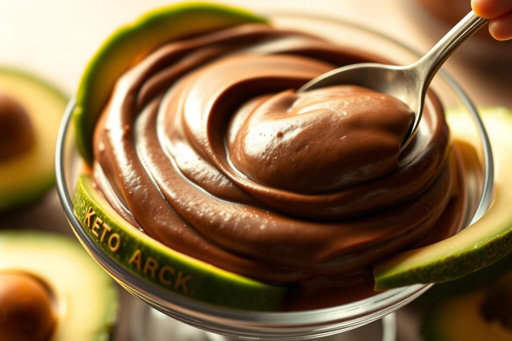 A delectable, silky smooth chocolate avocado mousse, presented in a clear glass bowl, bathed in soft, warm lighting. The rich, creamy texture glistens, inviting a spoonful of this decadent, yet keto-friendly dessert. Avocado slices are artfully arranged around the edge, complementing the deep, cocoa-infused hue of the mousse. Subtle highlights catch the eye, creating depth and dimension. The overall mood is one of indulgence and balance, a tempting treat for the senses that aligns with a low-carb lifestyle.