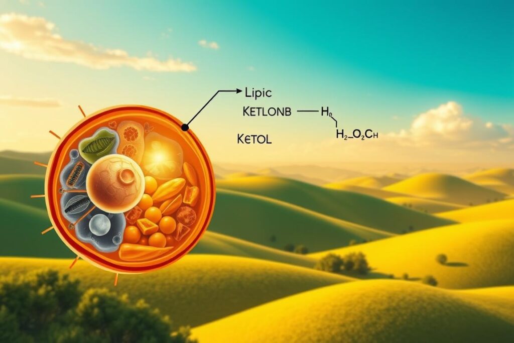 A detailed cross-section illustration showcasing the ketosis process on a low-carb, high-fat diet. In the foreground, an anatomical representation of a human cell, its mitochondria glowing with energy. In the middle ground, lipid molecules being broken down into ketone bodies, their chemical structures clearly visible. The background depicts a stylized landscape of rolling hills, with pockets of lush greenery and a sky bathed in warm, golden light, conveying a sense of natural balance and metabolic harmony. The entire scene is rendered with a medical-scientific aesthetic, utilizing a crisp, high-contrast color palette and a precise, technical approach to the visualization of the underlying biological mechanisms.