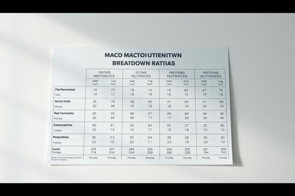 A detailed macro nutrient breakdown chart against a clean, minimalist background. The chart displays the ideal macronutrient ratios for a ketogenic diet, with clearly labeled sections for fats, proteins, and carbohydrates. The layout is well-organized, with clean lines and a neutral color palette of greys, whites, and soft blues. The overall feel is informative and visually appealing, suitable for illustrating the dietary principles of a ketogenic eating plan. Soft, diffused lighting casts a gentle glow, and the perspective is slightly angled to create depth and visual interest. The image conveys a sense of clarity and understanding around the key nutritional components of the keto diet.