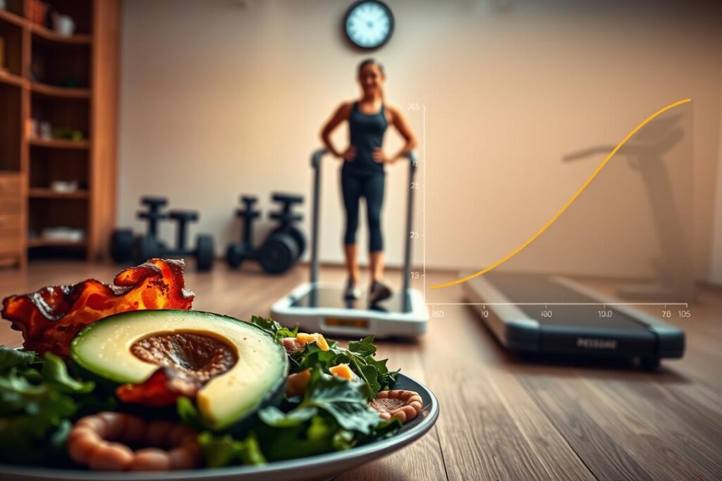 A detailed scene depicting the contrast between a keto diet approach and a structured weight loss program. In the foreground, a plate of keto-friendly foods - avocado, bacon, and leafy greens - illuminated by soft, warm lighting. In the middle ground, a person confidently stepping on a scale, surrounded by a structured exercise routine - dumbbells, a treadmill, and a nutrition plan. In the hazy background, an abstracted comparison of weight loss curves, one steep and rapid, the other more gradual but sustainable. The overall atmosphere conveys a sense of health, discipline, and measured progress.