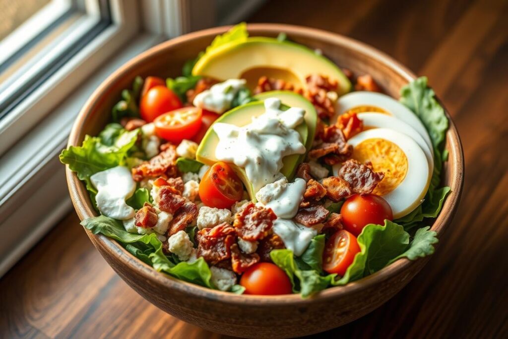 A healthy and satisfying keto cobb salad bowl, filled with crisp mixed greens, juicy cherry tomatoes, creamy avocado, savory bacon crumbles, hardboiled egg slices, and a tangy, low-carb ranch dressing. The salad is arranged in an artful, layered composition, highlighted by natural lighting from a nearby window, creating a warm, appetizing ambiance. The bowl is made of matte, earthy ceramic, contrasting beautifully with the vibrant colors of the fresh ingredients. The overall scene conveys a sense of simplicity, nutrition, and ease - a quick, nourishing keto lunch option for the busy professional.