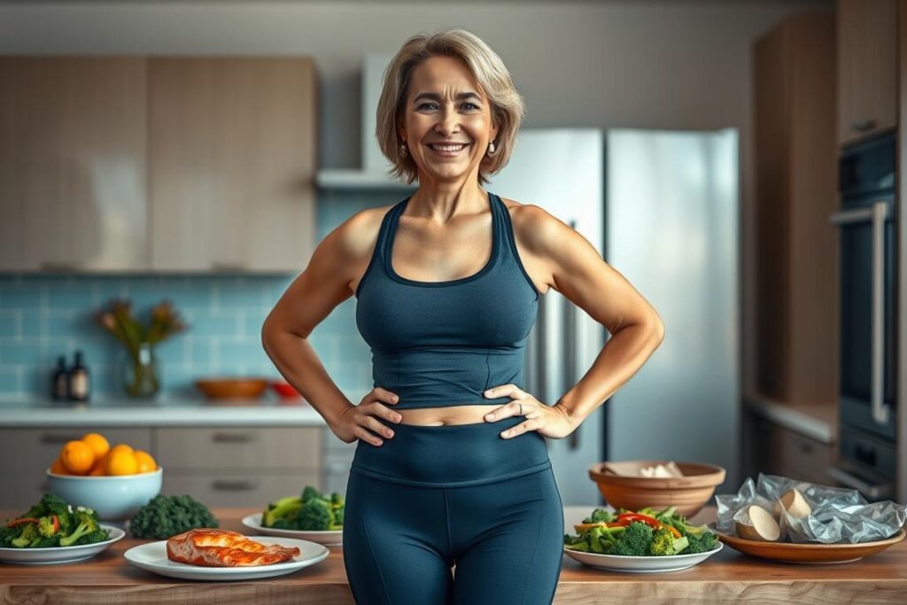 A middle-aged woman standing in a modern kitchen, her hands on her hips, exuding a sense of accomplishment. She wears form-fitting activewear, her body noticeably slimmer than before. Behind her, a table displays an array of healthy keto-friendly meals - grilled salmon, steamed broccoli, and a leafy green salad. The lighting is warm and inviting, casting a soft glow on the scene. The overall atmosphere conveys a feeling of transformation and success on a keto meal plan.