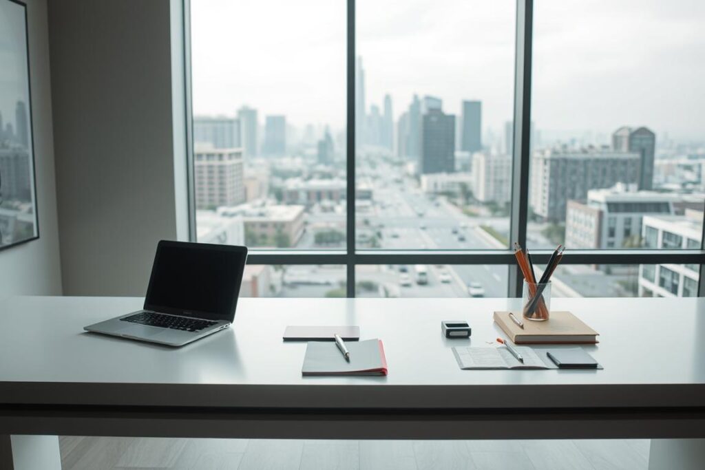 A modern, minimalist office interior with a laptop, notepad, and various stationery items on a clean, white desk. The lighting is soft and diffused, creating a calm and professional atmosphere. In the background, a large window overlooks the bustling streets of Los Angeles, providing a glimpse of the city's iconic skyline. The scene conveys a sense of productivity and thoughtful evaluation, reflecting the process of selecting top-tier keto meal delivery services in the area.