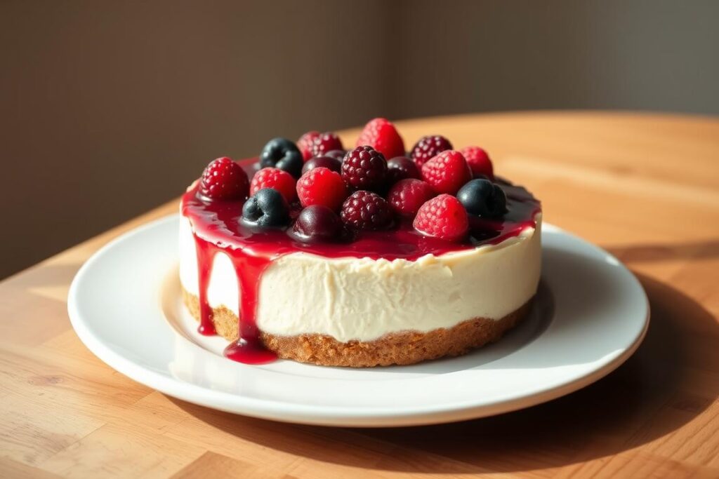 A mouthwatering classic keto cheesecake with a luscious berry topping sits on a wooden table, illuminated by soft, natural lighting. The smooth, creamy texture of the cheesecake is highlighted by the vibrant, glistening berries that adorn the top, creating a visually striking contrast. The cake is presented on a simple white plate, allowing the rich, indulgent dessert to take center stage. The background features a clean, minimalist setting, letting the focus remain on the delectable treat. The overall scene evokes a sense of refinement and temptation, perfectly capturing the essence of a decadent, sugar-free keto dessert.