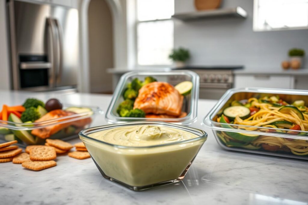 A neatly arranged spread of delectable keto meals from Trifecta Nutrition's premium meal delivery service in Los Angeles. In the foreground, a stylish glass container holds a creamy avocado-based dip, surrounded by sliced vegetables and crackers. In the middle, three individual meal containers showcase perfectly portioned and elegantly presented low-carb dishes, such as grilled salmon with roasted broccoli and a zucchini noodle salad. The background features a clean, minimalist kitchen setting with stainless steel appliances and natural light streaming in through large windows, creating a bright and inviting atmosphere. The overall scene conveys a sense of health, convenience, and culinary excellence.
