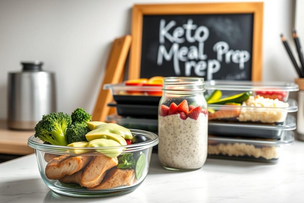 A neatly organized kitchen counter showcasing a variety of keto-friendly meal prep containers. In the foreground, a glass container filled with grilled chicken, steamed broccoli, and a creamy avocado sauce. Beside it, a mason jar with a low-carb chia pudding topped with fresh berries. In the middle ground, a stack of reusable meal prep trays containing roasted salmon, sautéed zucchini, and a side of cauliflower rice. The background features a minimalist chalkboard with a handwritten "Keto Meal Prep" message. Soft, natural lighting illuminates the scene, creating a warm and inviting atmosphere for busy professionals seeking quick and nutritious keto-friendly meals.