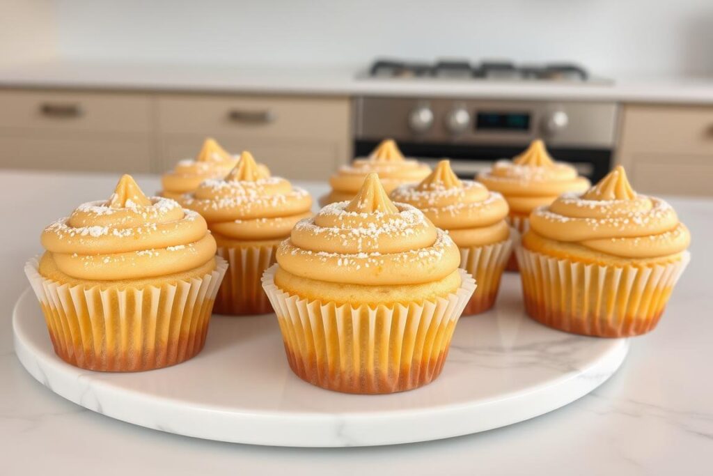 A plate of delectable vanilla almond flour cupcakes, their golden-brown tops dusted with a light sprinkling of powdered erythritol. The cupcakes are arranged on a crisp white marble surface, with a soft, diffused light casting gentle shadows. In the background, a simple, neutral-toned kitchen setting provides a clean, minimalist backdrop, allowing the cupcakes to take center stage. The composition is balanced and elegant, showcasing the keto-friendly dessert in an inviting and appetizing manner.