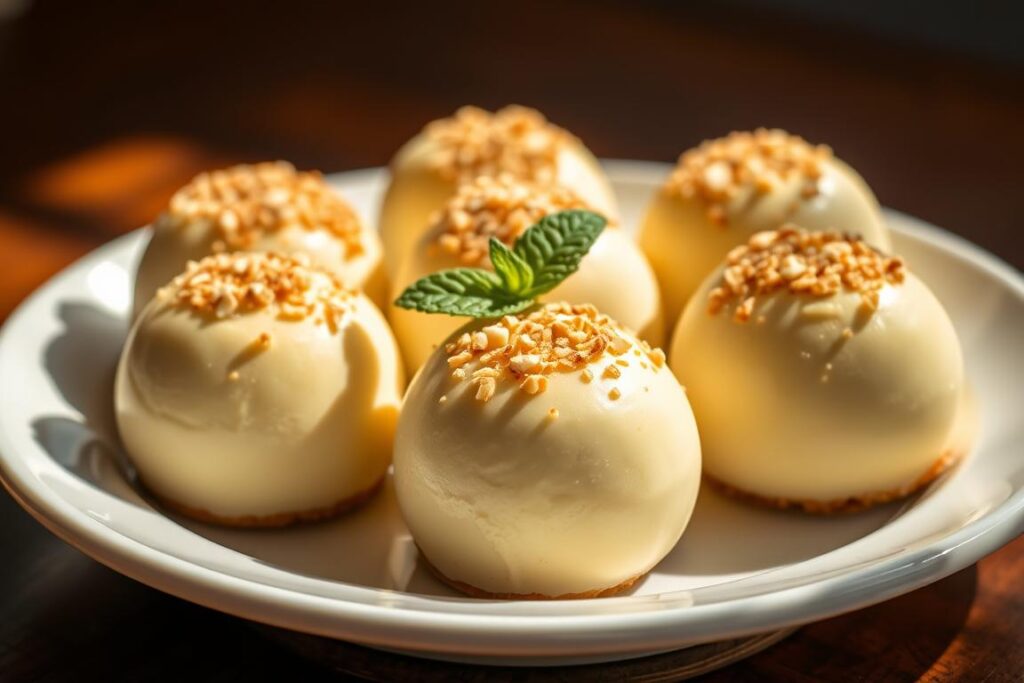 A plate of luscious lemon cheesecake fat bombs, their creamy, golden-hued tops dusted with a light coating of crushed keto-friendly nuts. The desserts sit atop a plain white porcelain dish, casting soft shadows that accentuate their smooth, decadent texture. Warm, natural lighting bathes the scene, creating a cozy, inviting atmosphere. The rich, tangy aroma of the lemon-infused cheesecake filling wafts through the air, beckoning the viewer to indulge in this delectable keto-friendly treat. A sprig of fresh mint adds a vibrant, refreshing contrast, hinting at the balanced flavors within. Captured with a shallow depth of field, the focus draws the eye directly to the center of the frame, highlighting the star of the scene - the mouthwatering lemon cheesecake fat bombs.
