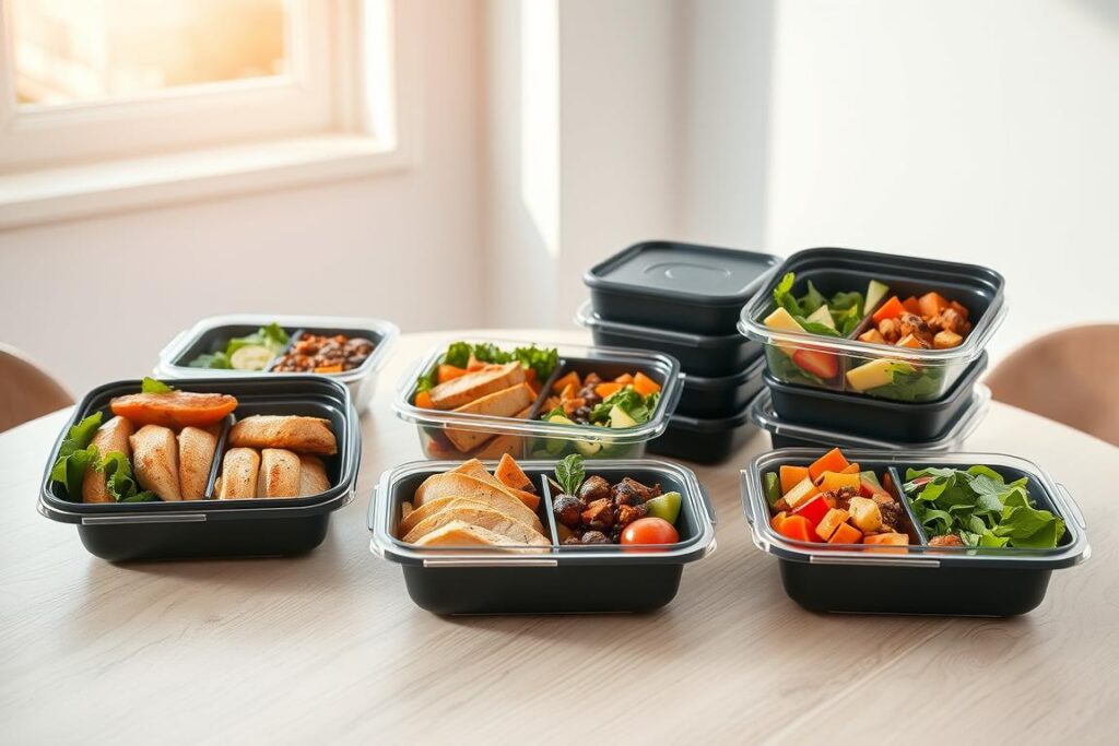 A still life scene featuring a set of sleek, custom-made keto meal prep containers arranged on a light-colored wooden table. The containers are filled with various keto-friendly lunch items such as grilled chicken, roasted vegetables, and fresh salad. The scene is illuminated by natural light streaming in from a large window, casting a warm, soft glow over the arrangement. The containers are carefully positioned to create a visually appealing and organized layout, highlighting the convenience and practicality of meal prepping for a keto lifestyle. The overall mood is clean, modern, and appetizing, conveying the ease and healthfulness of keto eating on the go.