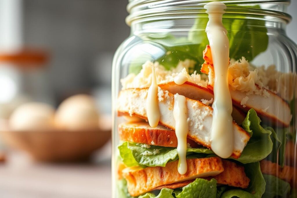 A tantalizing close-up of a transparent glass jar filled with keto-friendly ingredients for a Caesar salad. In the foreground, layers of crisp romaine lettuce, grilled chicken breast, and grated Parmesan cheese create an appetizing visual. The middle ground features drizzles of rich, creamy Caesar dressing cascading down the sides of the jar, catching the light and glistening. In the background, a soft, hazy blur evokes a kitchen counter or table, allowing the jar to take center stage. The lighting is natural and flattering, with a bright, airy atmosphere that captures the freshness of the ingredients. The angle is slightly tilted, giving the viewer an inviting perspective into the delectable contents of the jar.