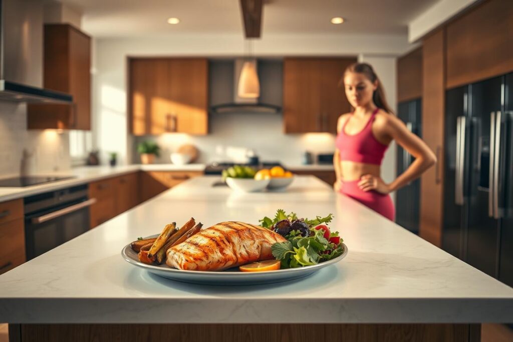 A well-lit, spacious kitchen with a central island and modern, sleek appliances. On the island, a plate of keto-friendly lunch items - grilled salmon fillet, roasted vegetables, and a side salad. The lighting is warm and natural, creating a sense of energy and productivity. A person, dressed in activewear, stands beside the island, their expression focused and determined, conveying a sense of sustained energy and vitality. The overall atmosphere is one of a healthy, balanced lifestyle, where a keto-friendly lunch provides the fuel for an active day.