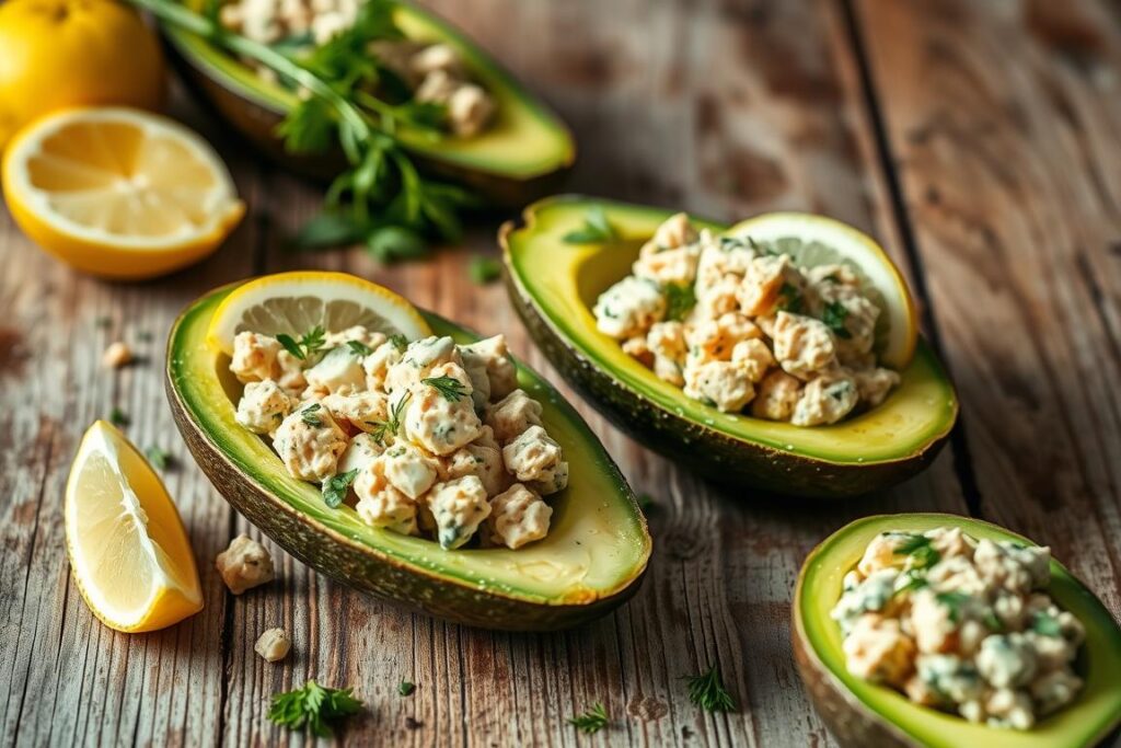Avocado boats filled with a savory keto-friendly tuna salad, garnished with fresh herbs and lemon wedges, against a backdrop of a rustic wooden table. The avocados are halved lengthwise, their green flesh scooped out and replaced with a creamy tuna mixture seasoned with olive oil, lemon juice, and a hint of dill. The arrangement is natural and inviting, with the boats nestled among a few scattered toppings. Soft, directional lighting from the side casts subtle shadows, highlighting the textural details of the ingredients. The overall mood is clean, fresh, and appetizing, perfectly capturing a quick, nutritious keto lunch.
