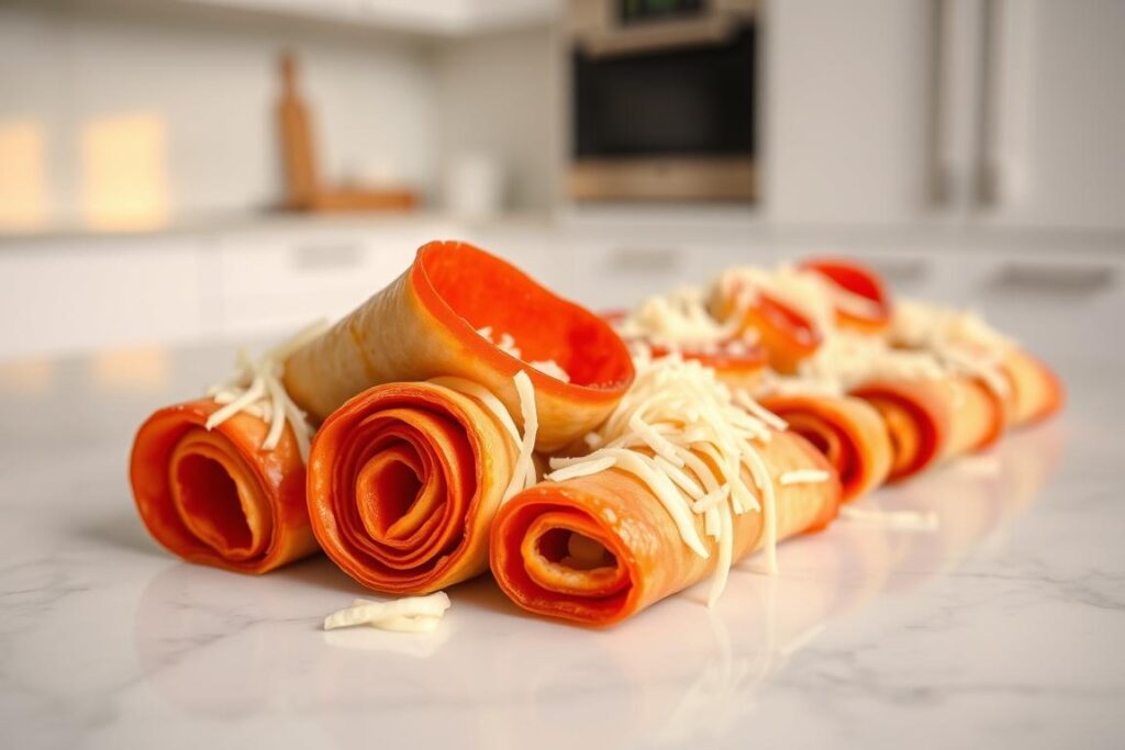 Delectable keto pepperoni and cheese roll-ups, freshly prepared on a white marble countertop. The pepperoni slices are neatly arranged, complemented by shredded mozzarella cheese that cascades over the edges. The roll-ups are bathed in warm, soft lighting, casting a golden glow that enhances their appetizing appearance. In the background, a minimalist kitchen setting with clean lines and neutral tones provides a simple, yet elegant backdrop. The overall composition conveys a sense of simplicity, indulgence, and the effortless convenience of a quick, low-carb lunch option.