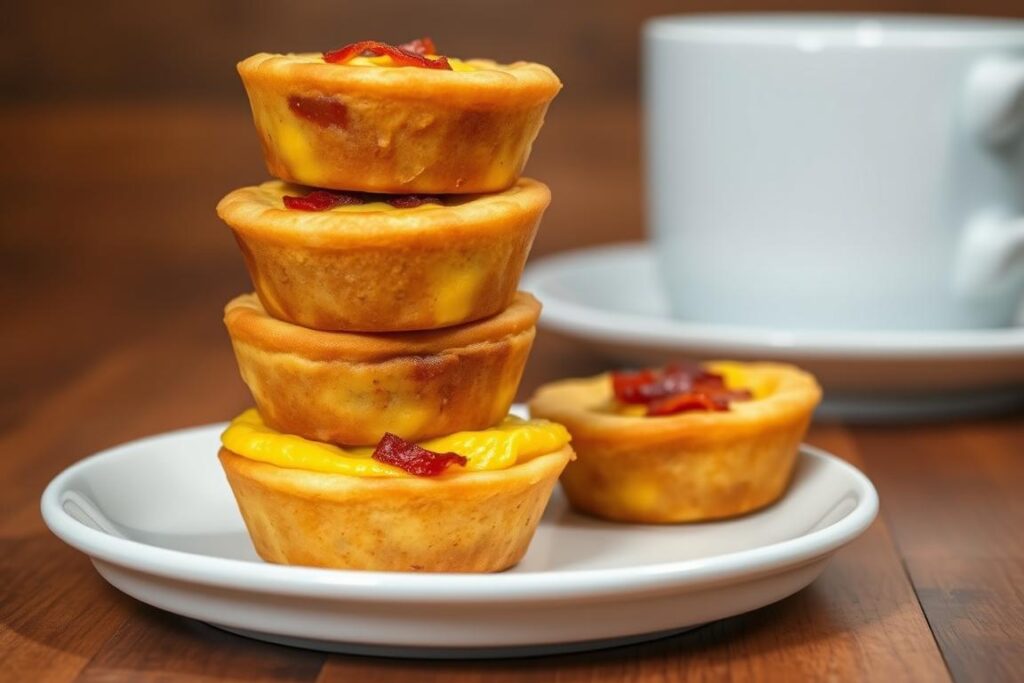 Egg and bacon muffin cups, a mouthwatering keto-friendly lunch. Foreground features a stack of three freshly baked muffin cups, golden brown and glistening, filled with crispy bacon and creamy scrambled eggs. Midground showcases a white ceramic plate, its clean lines and simple design providing a perfect backdrop. In the background, a wooden table surface, its rustic texture and natural tones adding warmth and depth to the scene. Soft, natural lighting casts a gentle glow, accentuating the appealing textures and flavors. Shot with a wide-angle lens to capture the full composition, creating a sense of depth and inviting the viewer to savor the delectable keto treat.
