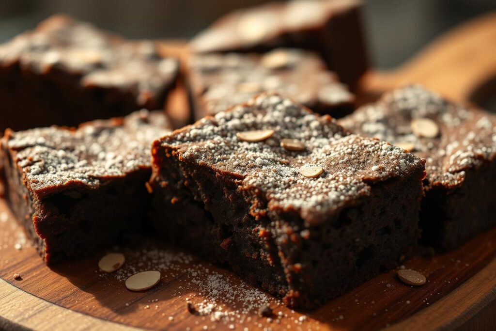 Fudgy keto brownies with a rich, chocolatey interior and a soft, moist crumb, resting on a wooden board. The brownies are dusted with a light coating of almond flour, creating a delicate, nutty texture. Warm lighting casts a cozy glow, highlighting the glistening, fudgy edges and the intricate patterns of the almond flour. The scene is captured with a close-up, high-angle perspective, emphasizing the tantalizing details of the keto-friendly dessert.