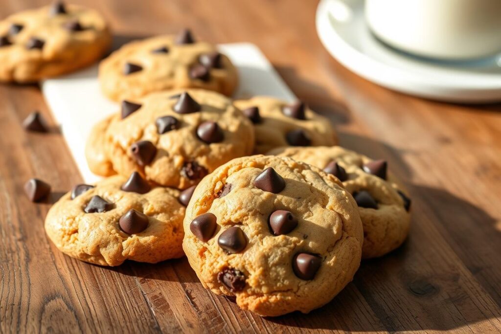 Keto coconut flour chocolate chip cookies, freshly baked on a rustic wooden table. The cookies have a golden-brown hue, dotted with rich, dark chocolate chips that contrast beautifully. The lighting is natural, casting a warm glow and creating soft shadows that accentuate the cookies' texture. In the background, a simple white plate or board provides a clean, minimalist backdrop, allowing the cookies to take center stage. The overall scene exudes a cozy, homemade atmosphere, inviting the viewer to imagine the delightful flavor and satisfying crunch of these guilt-free, low-carb treats.