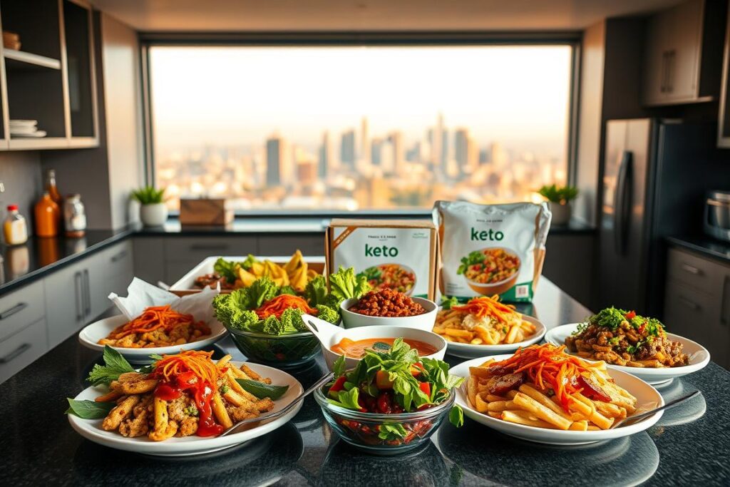 Prompt A meticulously crafted keto meal delivery service in a sleek, modern Los Angeles kitchen. In the foreground, a selection of freshly prepared keto-friendly meals, beautifully plated and bursting with vibrant colors. The middle ground showcases the delivery service's branding and packaging, emphasizing convenience and health-conscious values. In the background, a panoramic view of the city skyline, hinting at the accessibility and urban appeal of this keto meal solution. Warm, natural lighting illuminates the scene, casting a soft, inviting glow. The overall impression conveys the benefits of a hassle-free, nutritious keto diet through a high-quality, on-demand meal delivery service tailored to the Los Angeles lifestyle.