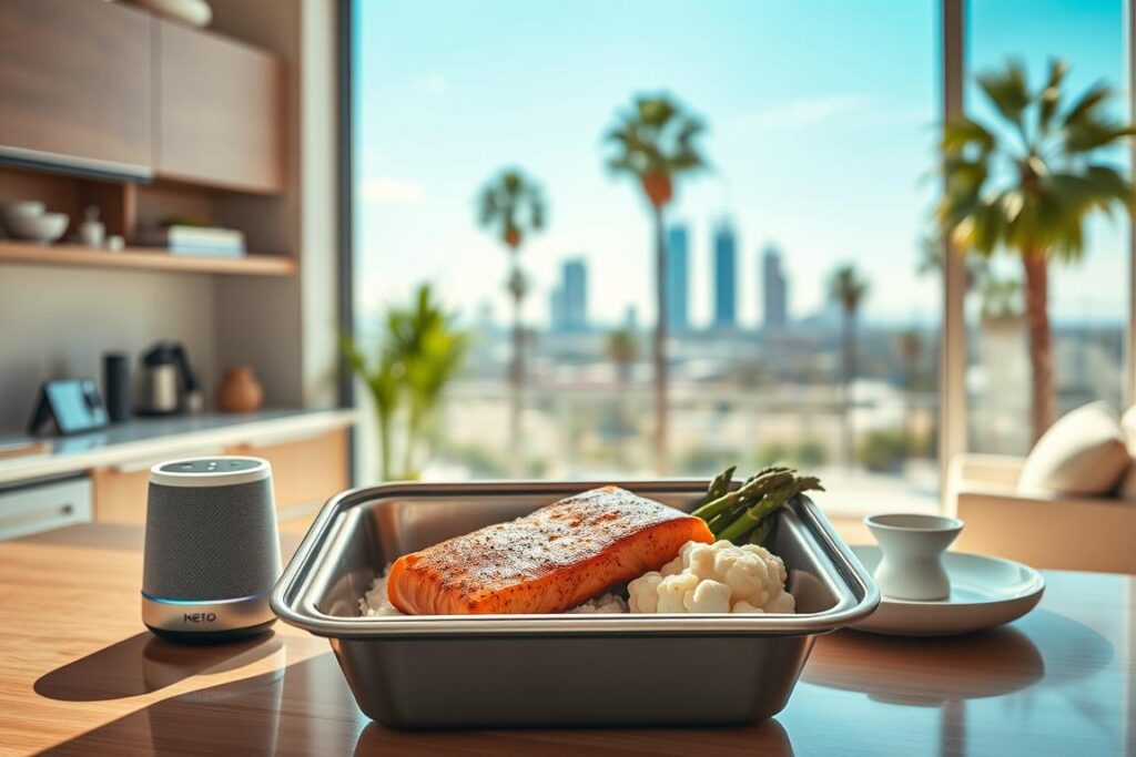 a delectable keto-friendly meal being delivered in a modern, sun-lit kitchen in Los Angeles. in the foreground, a sleek, insulated meal delivery container is opened to reveal a visually appealing, low-carb dish - seared salmon fillet with roasted asparagus and a creamy cauliflower puree. the middle ground features a smart home assistant, digital display, and stylish kitchen accessories, hinting at the convenience and technology-driven nature of this keto meal service. the background showcases the iconic Los Angeles skyline, with palm trees and a vibrant blue sky, setting the scene for this healthy, high-fat culinary experience. the lighting is soft and natural, highlighting the fresh, vibrant colors of the meal. the overall atmosphere conveys a sense of health, modernity, and effortless keto living in the heart of the city.