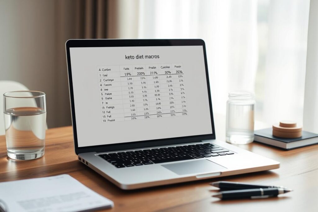 A clean, minimalist desktop scene with a laptop screen displaying a detailed calculation of keto diet macros. The laptop is placed on a wooden table, accompanied by a glass of water, a pen, and a notebook. Soft, natural lighting from a window creates a calm, focused atmosphere. The screen shows a spreadsheet with clear visualizations of carbohydrate, protein, and fat percentages, along with numerical values. The prompt conveys a sense of organization, clarity, and a practical approach to understanding the essential components of the keto diet.