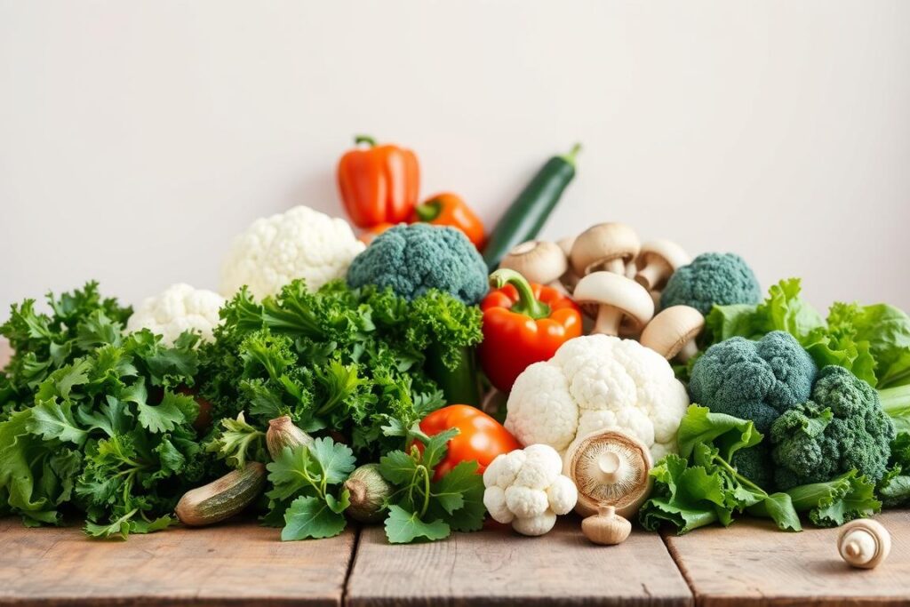 A still life arrangement of low-carb vegetables on a rustic wooden table, bathed in soft, natural lighting from an overhead window. In the foreground, a selection of leafy greens such as kale, spinach, and arugula, alongside cruciferous veggies like broccoli florets and cauliflower. In the middle ground, vibrant bell peppers, zucchini, and mushrooms are arranged with care. The background features a simple, uncluttered backdrop, allowing the fresh, earthy tones of the produce to take center stage. The composition is balanced, highlighting the key ingredients of a ketogenic diet in a visually appealing and appetizing manner.