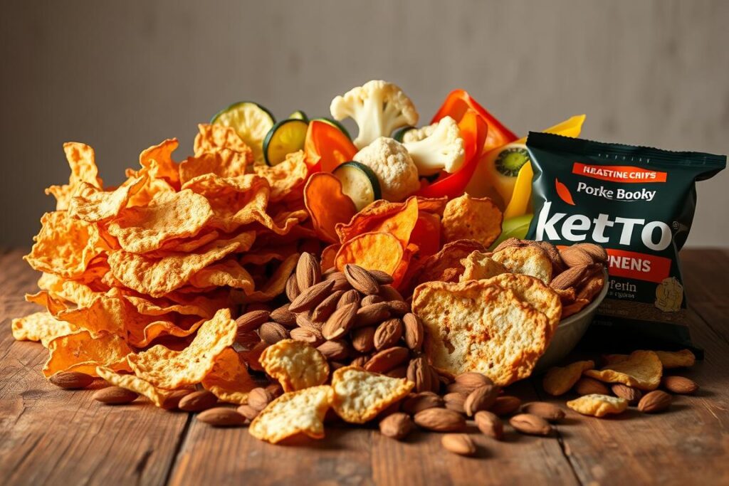 A vibrant still life displaying an assortment of keto-friendly protein chips and snacks. In the foreground, crunchy pork rinds, savory cheese crisps, and nutty roasted almonds are arranged artfully on a rustic wooden surface, illuminated by warm, soft lighting. In the middle ground, a variety of veggie-based chips, such as zucchini, cauliflower, and bell pepper, add color and texture to the scene. The background features a minimalist, neutral backdrop that allows the snacks to take center stage. The overall mood is one of wholesome indulgence, capturing the essence of tasty, low-carb snacking options perfect for a ketogenic lifestyle.