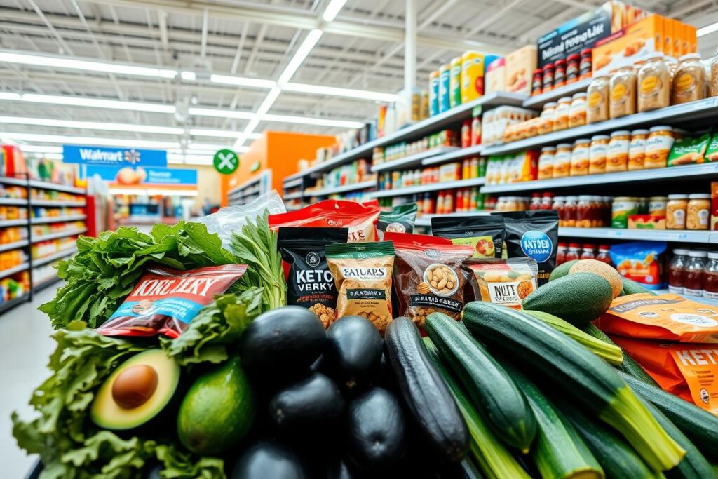 A well-lit, airy Walmart aisle showcasing the essentials of a low-carb diet. In the foreground, a variety of fresh keto-friendly vegetables - leafy greens, avocados, and zucchini - are neatly arranged. The middle ground features a selection of low-carb snacks, including beef jerky, macadamia nuts, and keto-friendly protein bars. In the background, shelves are stocked with sugar-free syrups, nut-based flours, and other keto pantry staples. The scene is captured with a wide-angle lens, creating a sense of depth and emphasizing the abundance of low-carb options available at this everyday supermarket.