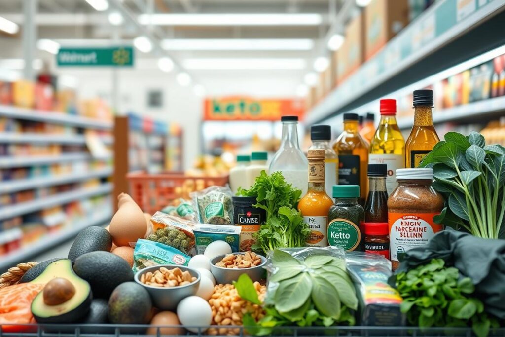Keto shopping list displayed on a clean, well-lit supermarket shelf. The foreground features a variety of low-carb, high-fat keto-friendly items like avocados, salmon, eggs, nuts, and leafy greens. The middle ground shows a selection of keto-approved condiments, oils, and seasonings. The background has a bright, airy atmosphere with blurred grocery aisles and a sense of open space. The lighting is natural and diffused, creating a warm, inviting mood. The overall composition emphasizes the versatility and accessibility of affordable keto staples readily available at a typical Walmart supermarket.